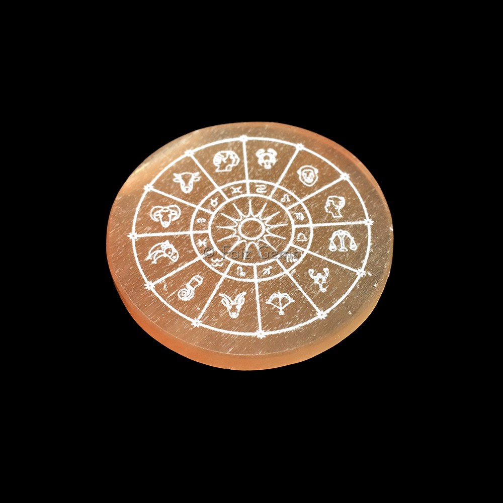 Engraved Charging Orange Selenite Plate With Zodiac Wheel