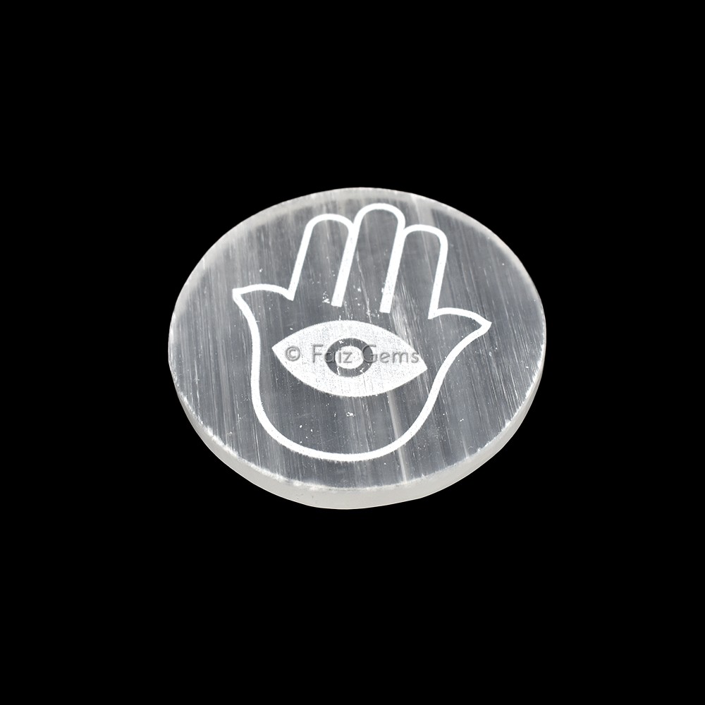 Engraved Charging Selenite Plate With Hamsa