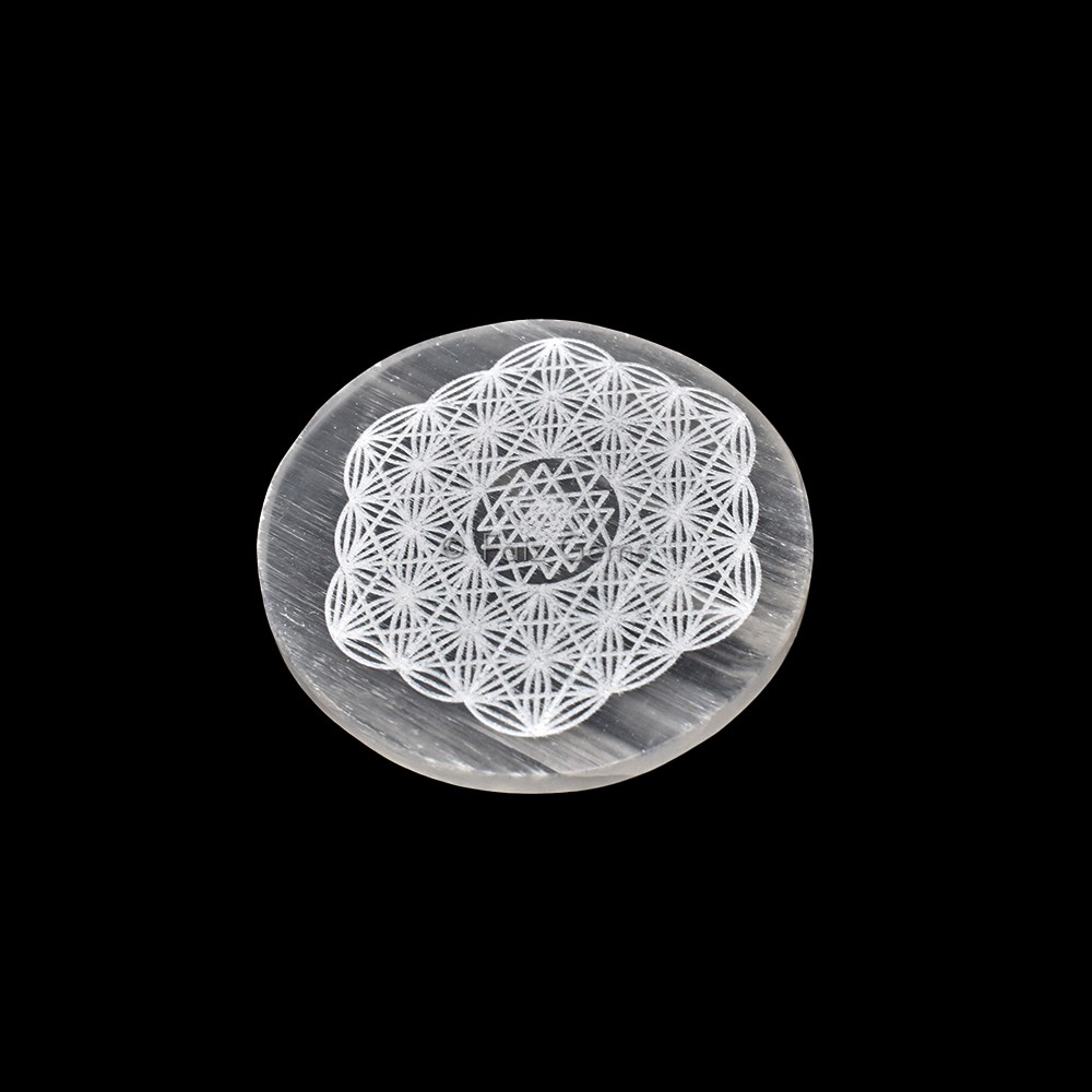 Engraved Charging Selenite Plate With Flower Of Life