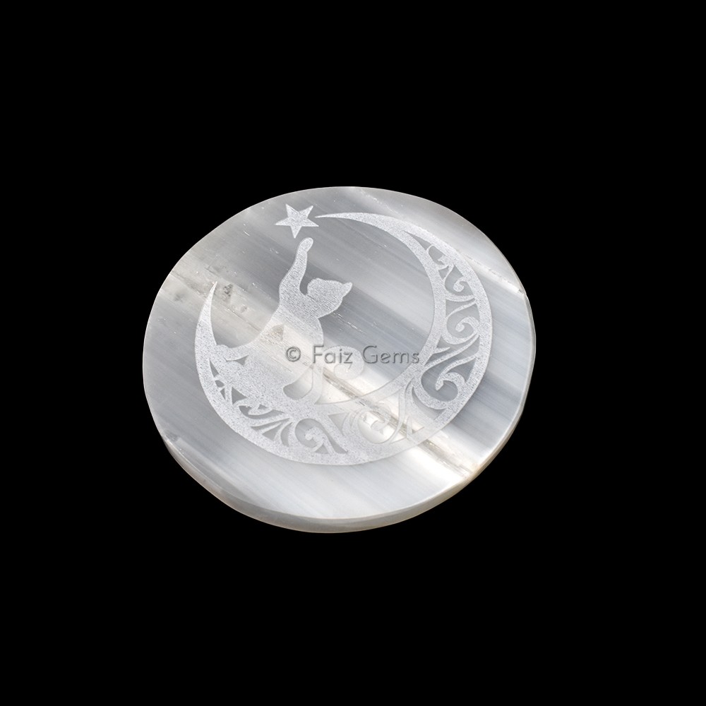 Engraved Charging Selenite Plate With Chasing Cat Symbol